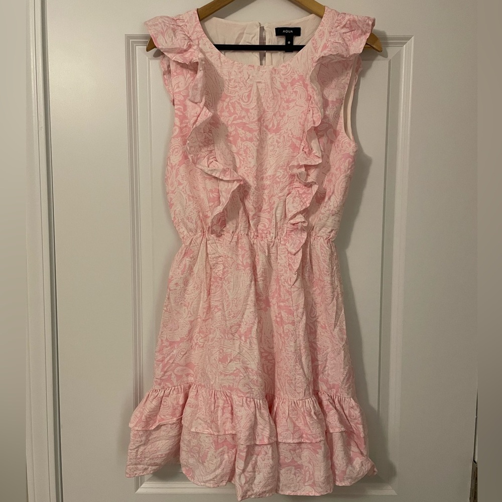 Aqua Pink Floral Ruffled Womens Mini Dress